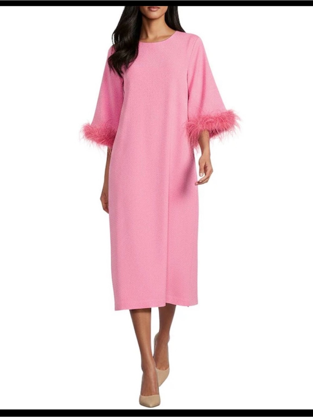 Emmeline Round Neckline Long Feather Sleeve Stretch Crepe Midi Dress